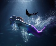 В аквариуме Саншайн девушка в костюме русалки плавает с рыбами и машет посетителям